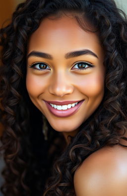 A portrait of a mixed-race actress with a morena complexion and long, curly, springy hair