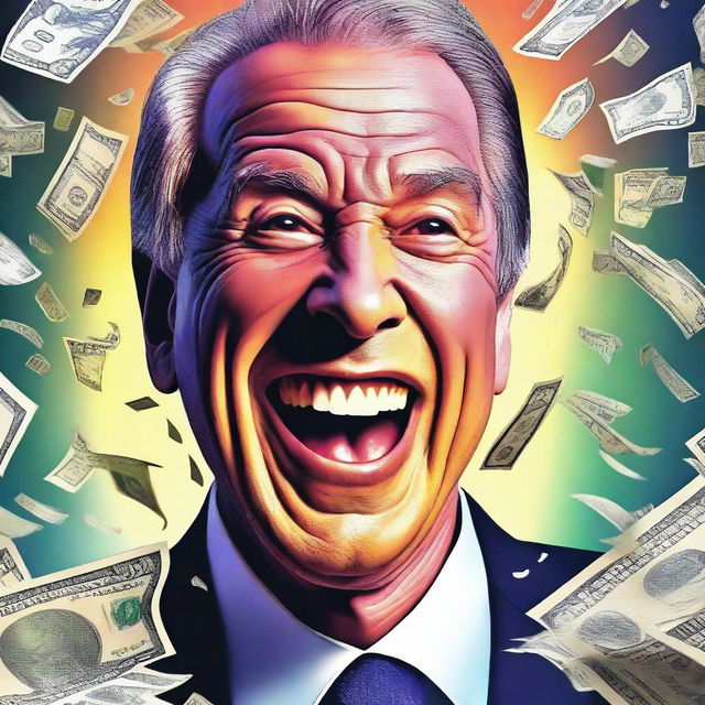 A hyper-realistic digital artwork of a wealthy individual's face, expressing shock and excitement, as they are showered with banknotes