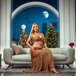 A full-body image of a beautiful 55-year-old MILF with Venezuelan features, wearing a sexy Arabian belly dance outfit