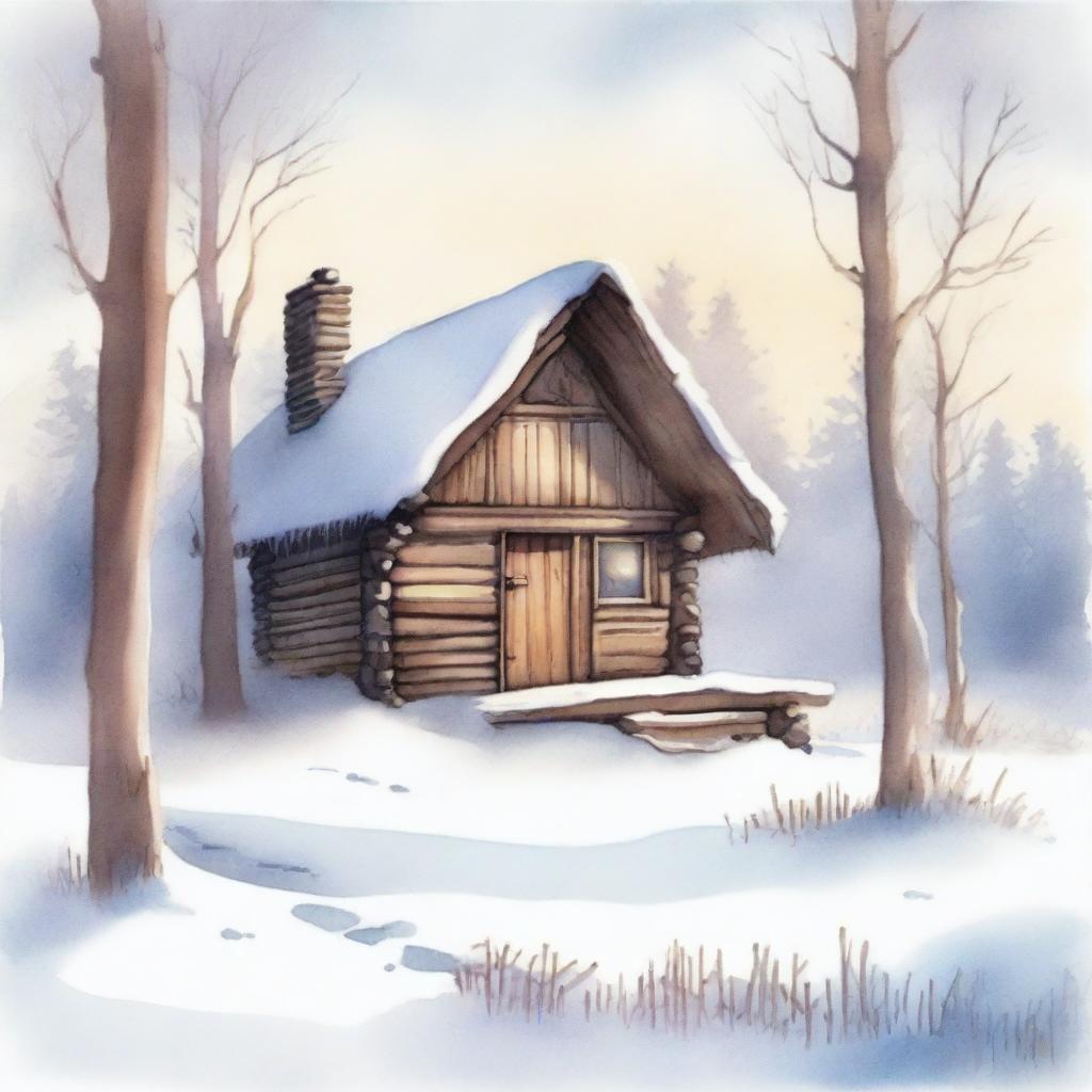 A high-quality watercolour illustration depicts a rustic winter hut in a snowy landscape