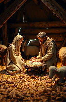 A beautiful nativity scene set in a rustic stable, softly illuminated by golden light