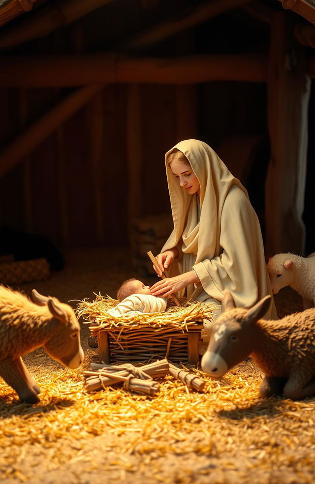 A beautiful nativity scene set in a rustic stable, softly illuminated by golden light