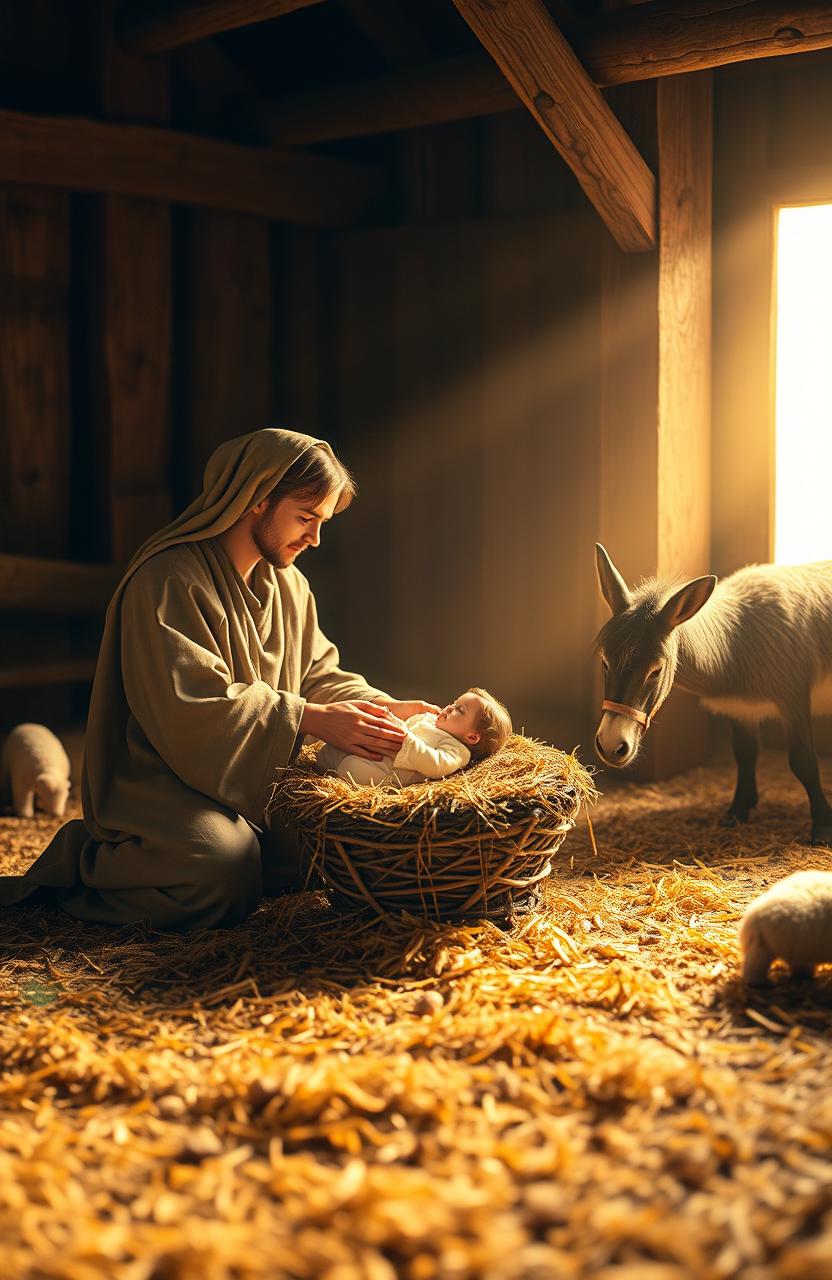 A beautiful nativity scene set in a rustic stable, softly illuminated by golden light