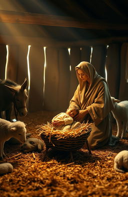 A beautiful nativity scene set in a rustic stable, softly illuminated by golden light