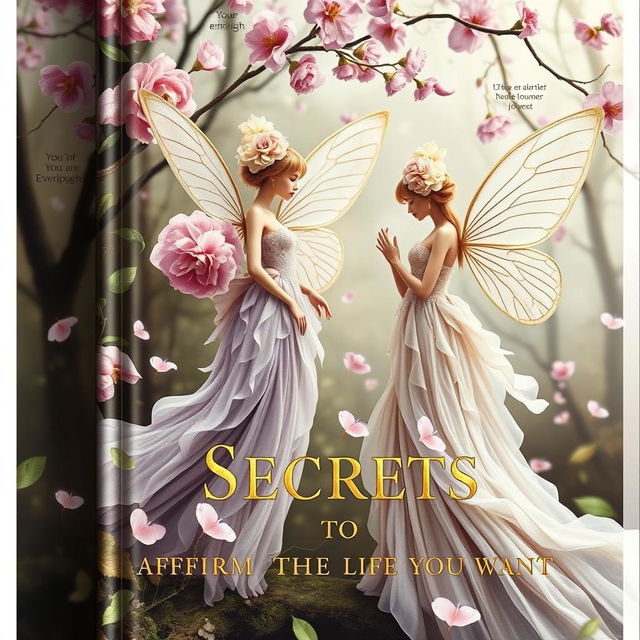 A high-fashion book cover featuring graceful, ethereal flower fairies in a refined woodland scene