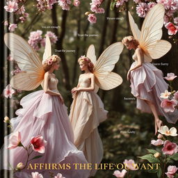 A high-fashion book cover featuring graceful, ethereal flower fairies in a refined woodland scene