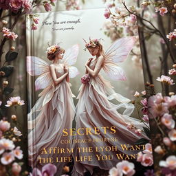 A high-fashion book cover featuring graceful, ethereal flower fairies in a refined woodland scene