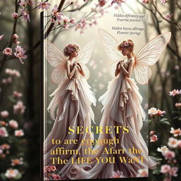 A high-fashion book cover featuring graceful, ethereal flower fairies in a refined woodland scene