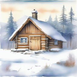 A high-quality watercolour illustration depicts a rustic winter hut in a snowy landscape