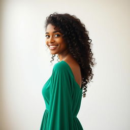 A beautiful mixed-race actress facing sideways, showcasing her morena complexion and long, curly, springy hair