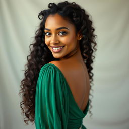 A beautiful mixed-race actress facing sideways, showcasing her morena complexion and long, curly, springy hair