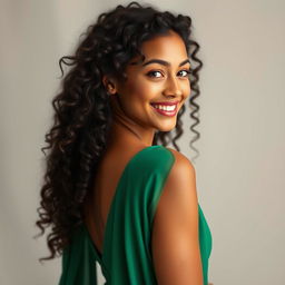 A beautiful mixed-race actress facing sideways, showcasing her morena complexion and long, curly, springy hair