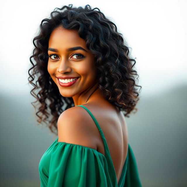 A beautiful mixed-race actress facing sideways, showcasing her morena complexion and long, curly, springy hair