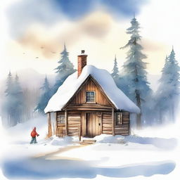 A high-quality watercolour illustration depicts a rustic winter hut in a snowy landscape