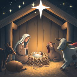 A serene and beautiful nativity scene depicting the birth of Jesus Christ in a rustic stable