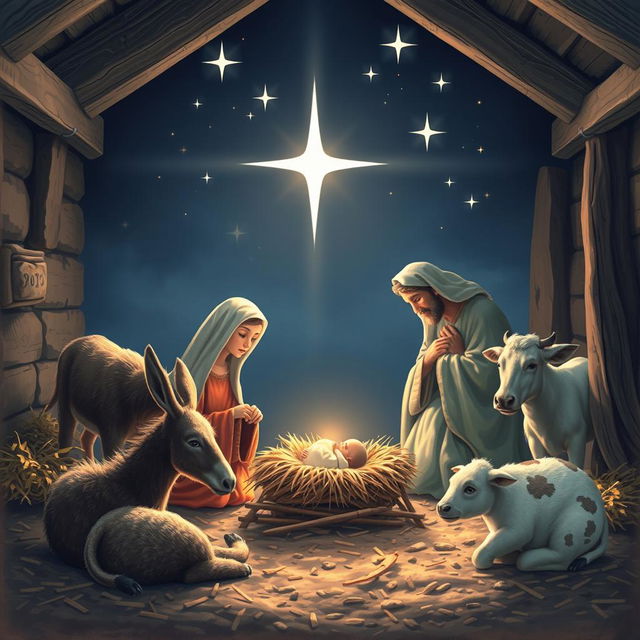 A serene and beautiful nativity scene depicting the birth of Jesus Christ in a rustic stable