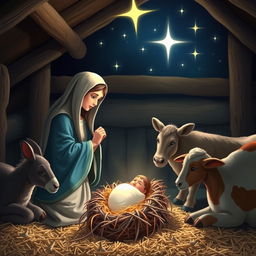A serene and beautiful nativity scene depicting the birth of Jesus Christ in a rustic stable