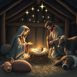 A serene and beautiful nativity scene depicting the birth of Jesus Christ in a rustic stable