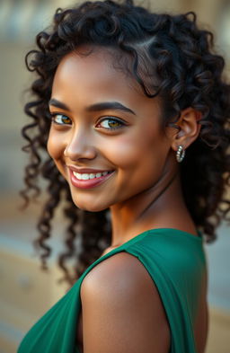 A mixed-race actress facing sideways, featuring a morena skin tone and long, curly springy hair