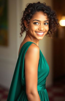 A mixed-race actress facing sideways, featuring a morena skin tone and long, curly springy hair