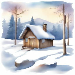 A high-quality watercolour illustration depicts a rustic winter hut in a snowy landscape