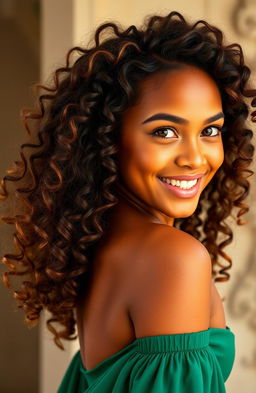 A mixed-race actress facing sideways, featuring a morena skin tone and long, curly springy hair