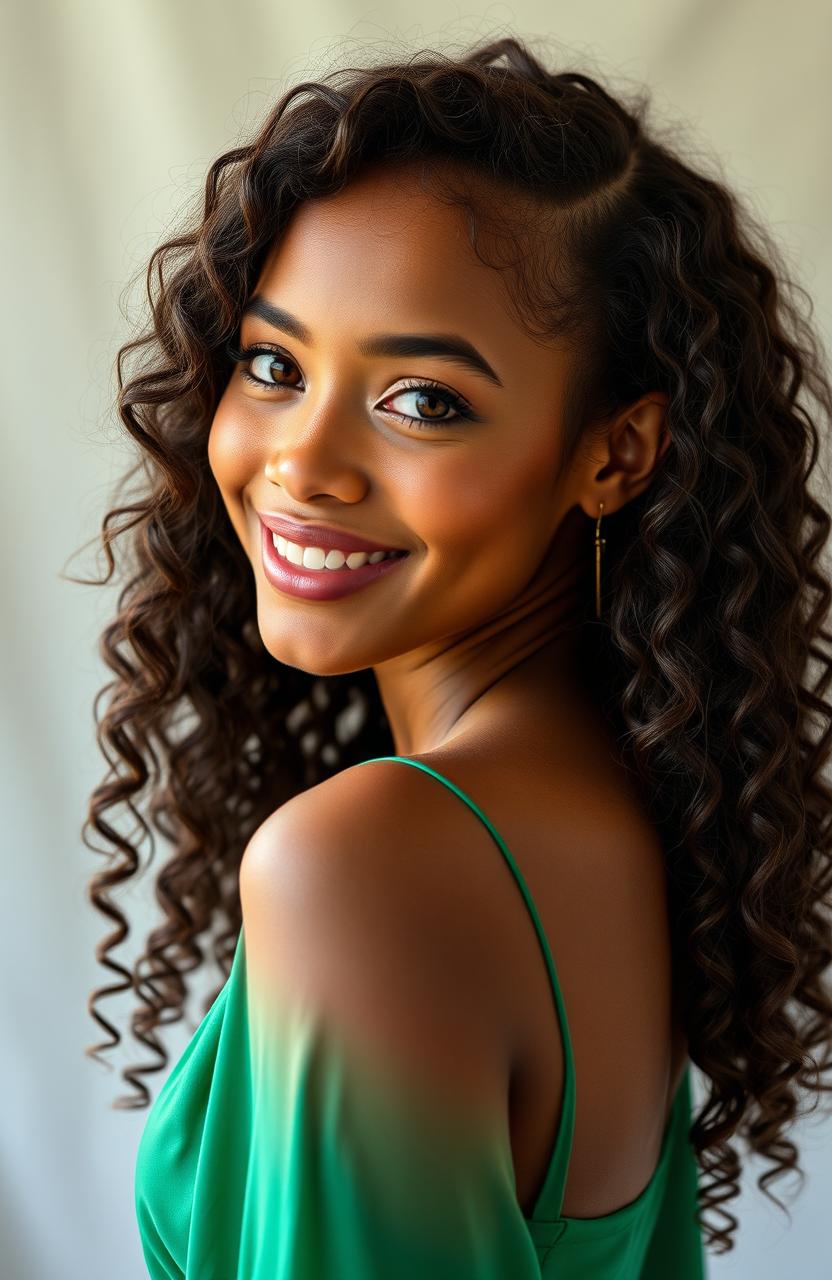 A mixed-race actress facing sideways, featuring a morena skin tone and long, curly springy hair