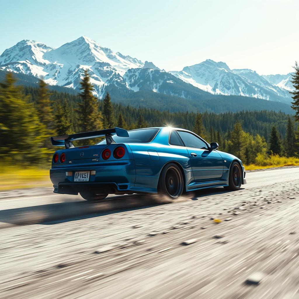 A Nissan Skyline R34 speeding through a bumpy, forested road, captured in a medium shot from a side view facing the camera
