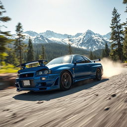A Nissan Skyline R34 speeding through a bumpy, forested road, captured in a medium shot from a side view facing the camera