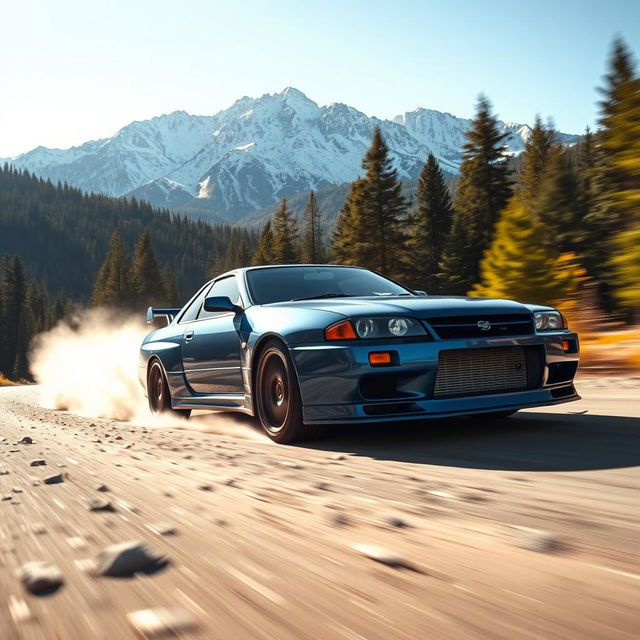 A Nissan Skyline R34 speeding through a bumpy, forested road, captured in a medium shot from a side view facing the camera