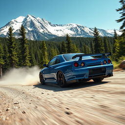 A Nissan Skyline R34 speeding through a bumpy, forested road, captured in a medium shot from a side view facing the camera