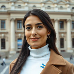An attractive, sweet woman around 40 years old with long dark hair and a warm tan stands confidently against the backdrop of Teatro Colón