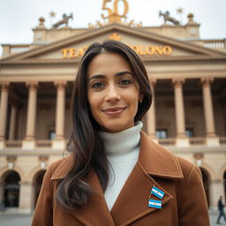 An attractive, sweet woman around 40 years old with long dark hair and a warm tan stands confidently against the backdrop of Teatro Colón