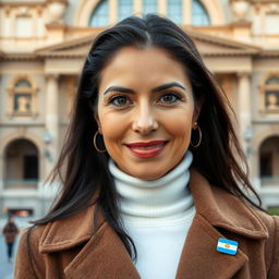 An attractive, sweet woman around 40 years old with long dark hair and a warm tan stands confidently against the backdrop of Teatro Colón