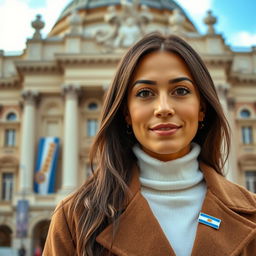 An attractive, sweet woman around 40 years old with long dark hair and a warm tan stands confidently against the backdrop of Teatro Colón