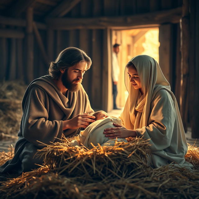 A serene scene depicting Joseph and Mary with baby Jesus in a manger