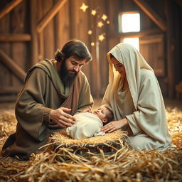 A serene scene depicting Joseph and Mary with baby Jesus in a manger
