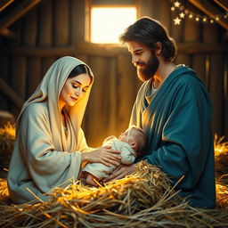 A serene scene depicting Joseph and Mary with baby Jesus in a manger