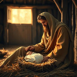 A serene scene depicting Joseph and Mary with baby Jesus in a manger