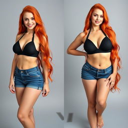 Three full-length photos of a beautiful, sexy, curvy girl with long flame red hair and bright, striking makeup