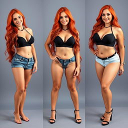 Three full-length photos of a beautiful, sexy, curvy girl with long flame red hair and bright, striking makeup