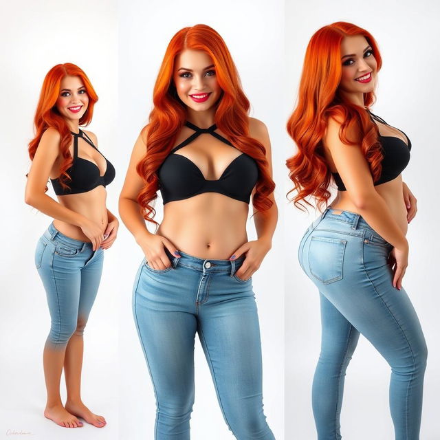 Three full-length photos of a beautiful, sexy, curvy girl with long flame red hair and bright, striking makeup