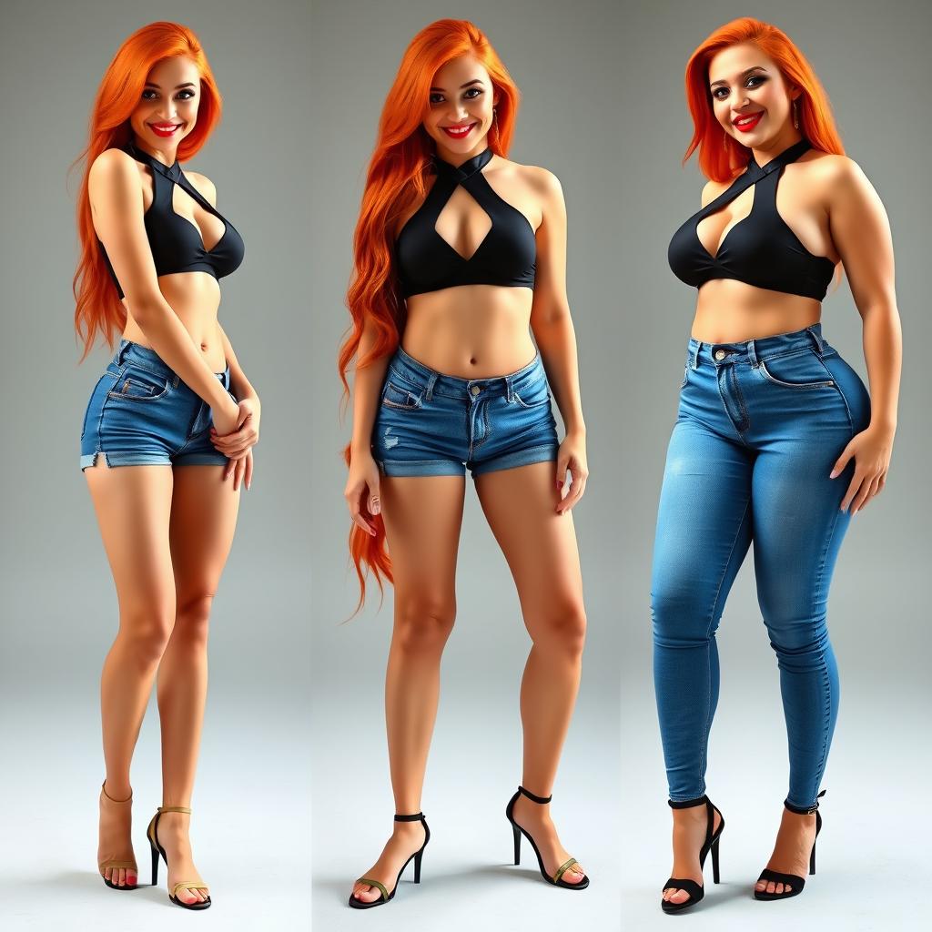 Three full-length photos of a beautiful, sexy, curvy girl with long flame red hair and bright, striking makeup