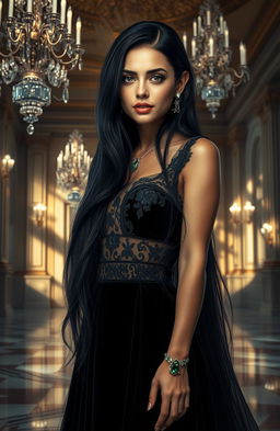 A stunning, ultra-realistic portrait of a mysterious woman with long, flowing black hair, wearing an elegant, dark velvet gown adorned with intricate lace