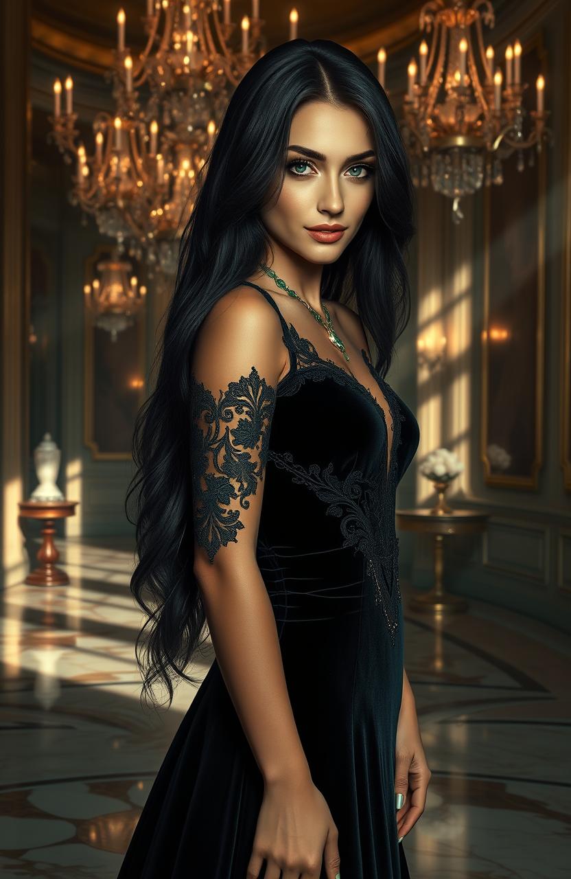 A stunning, ultra-realistic portrait of a mysterious woman with long, flowing black hair, wearing an elegant, dark velvet gown adorned with intricate lace