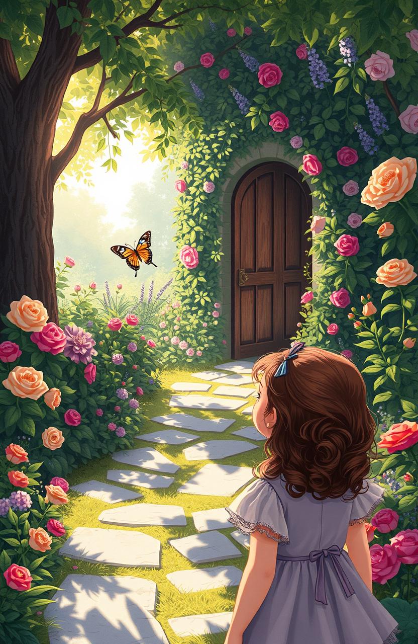 A beautifully illustrated scene inspired by 'The Secret Garden' by Frances Hodgson Burnett, featuring an enchanting hidden garden filled with vibrant flowers, lush green foliage, and a stone pathway