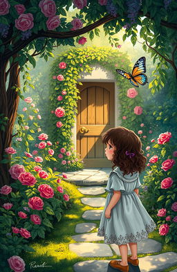 A beautifully illustrated scene inspired by 'The Secret Garden' by Frances Hodgson Burnett, featuring an enchanting hidden garden filled with vibrant flowers, lush green foliage, and a stone pathway