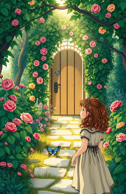 A beautifully illustrated scene inspired by 'The Secret Garden' by Frances Hodgson Burnett, featuring an enchanting hidden garden filled with vibrant flowers, lush green foliage, and a stone pathway