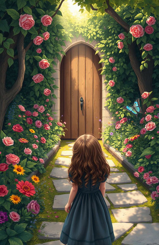 A beautifully illustrated scene inspired by 'The Secret Garden' by Frances Hodgson Burnett, featuring an enchanting hidden garden filled with vibrant flowers, lush green foliage, and a stone pathway