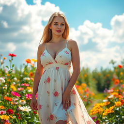 A beautiful white woman with large breasts standing confidently in a vibrant, open garden filled with colorful flowers